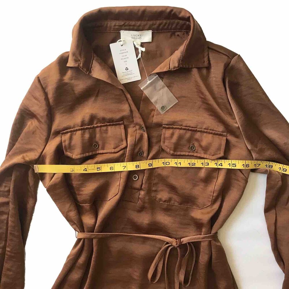 NWT Lucky Brand Long Sleeve Satin Shirtdress Pecan Pie Brown Tie Belt Dress SZ S - Picture 9 of 12